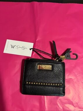 Jessica Simpson Black Leather Mini Zip Wallet with Gold Studs